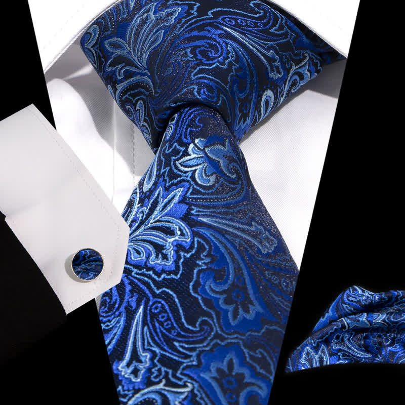 3Pcs Men's Mixed Blue & Black Flower Paisley Necktie Set - Blue & Black - image 0
