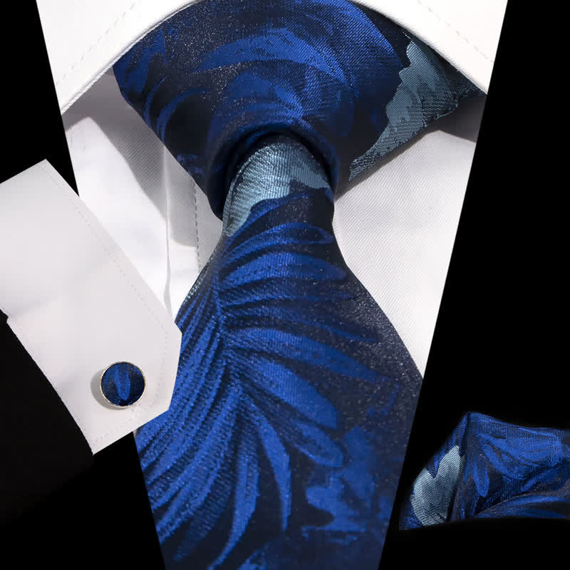 3Pcs Men's Classy Navy Blue & Sky Blue Flower Necktie Set - Navy Blue & Sky Blue - image 0