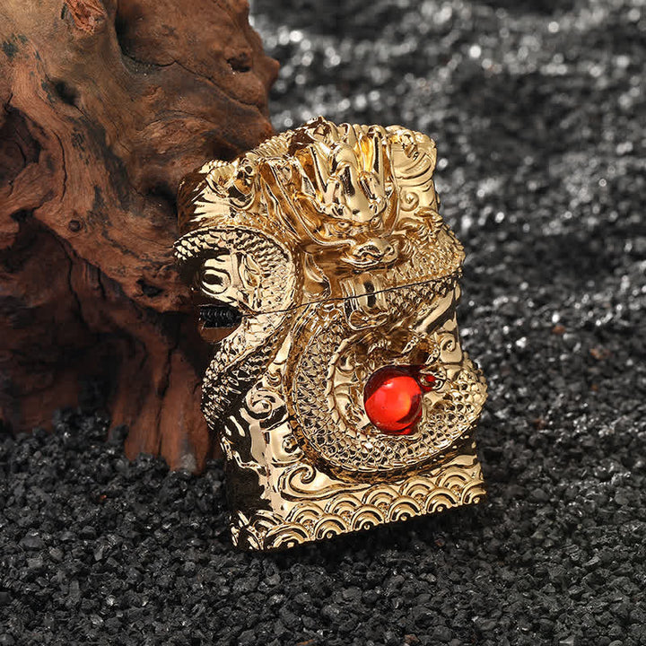 Retro Carved Dragon Design Refillable Kerosene Lighter - Gold - image 0