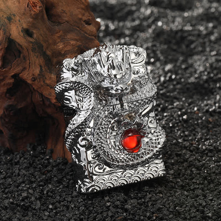 Retro Carved Dragon Design Refillable Kerosene Lighter - Silver - image 5