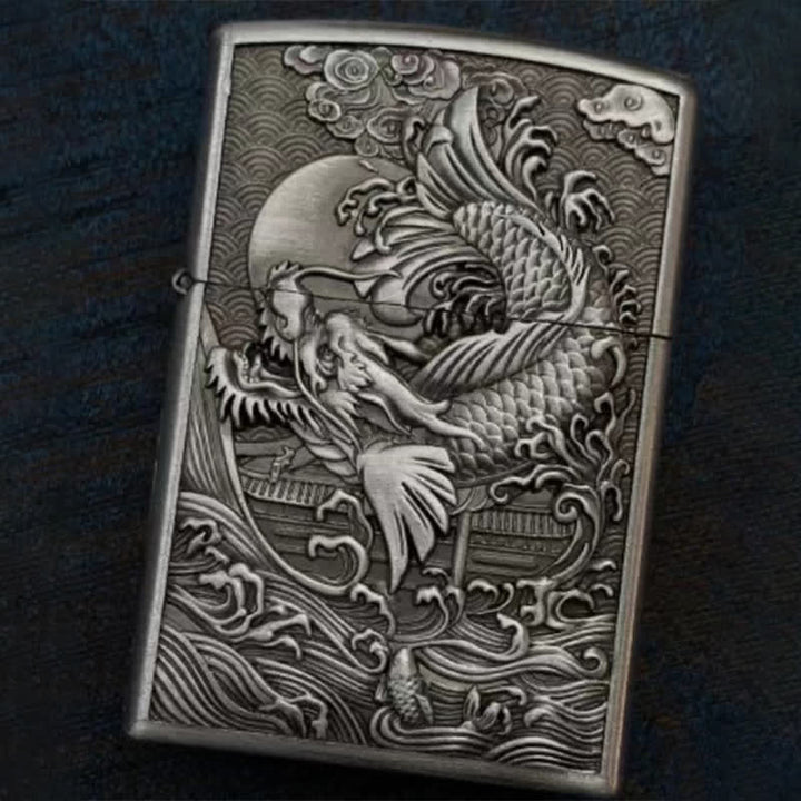 Dragon Fish Relief Refillable Kerosene Lighter - Antique Silver - image 6