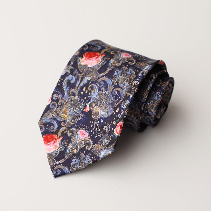 Men's Fantasy Navy & Red Floral Printed Necktie - Navy & Red - image 0