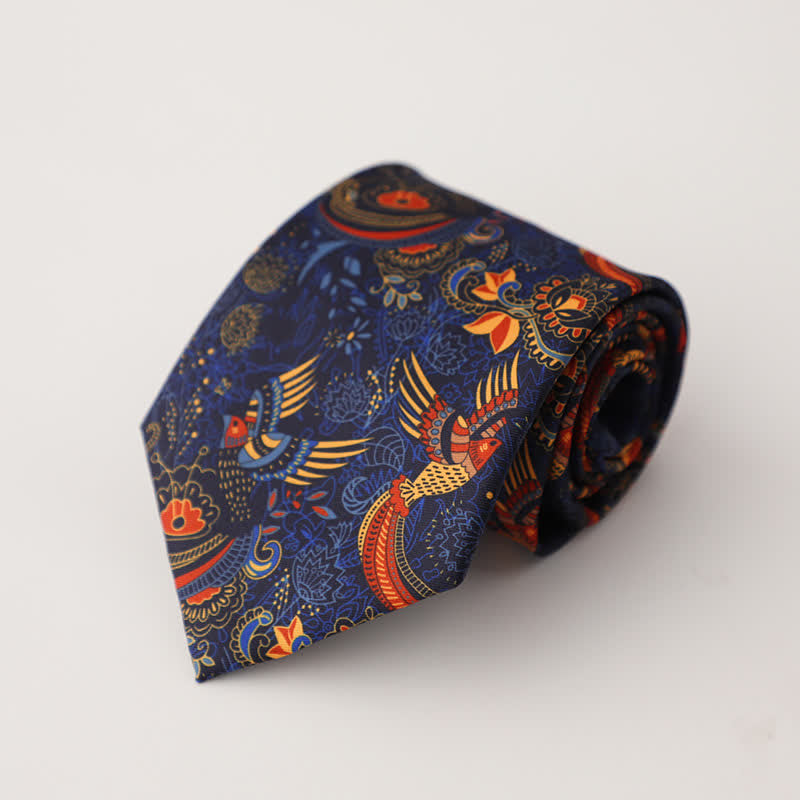 Men's Vibrant Navy Blue & Orange Birds Pattern Necktie - Navy Blue & Orange - image 0