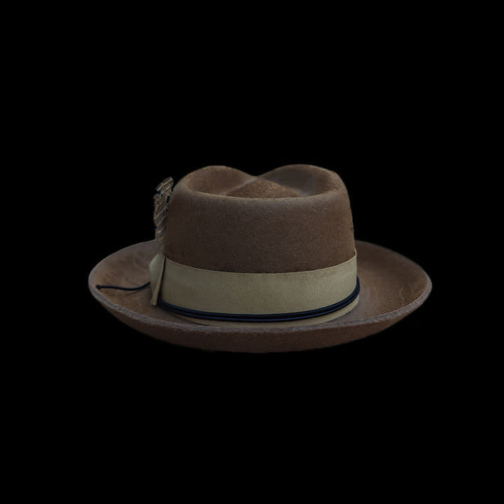 Camel Distressed Feather Decoration Felt Cowboy Hat - image 3