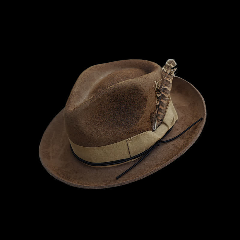 Camel Distressed Feather Decoration Felt Cowboy Hat - Camel - L (23 1/4"-23 5/8") - image 0