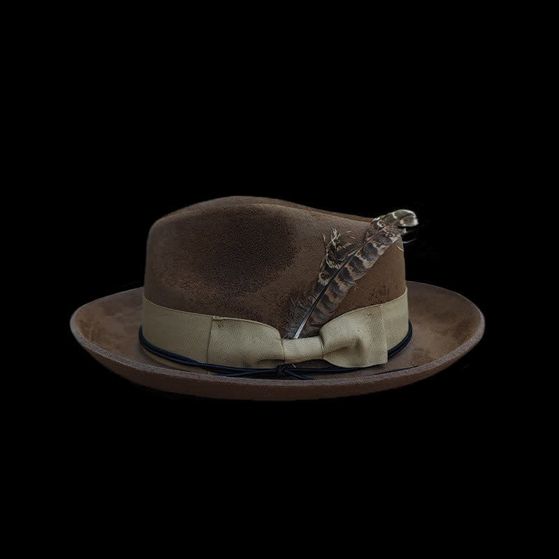 Camel Distressed Feather Decoration Felt Cowboy Hat - image 1