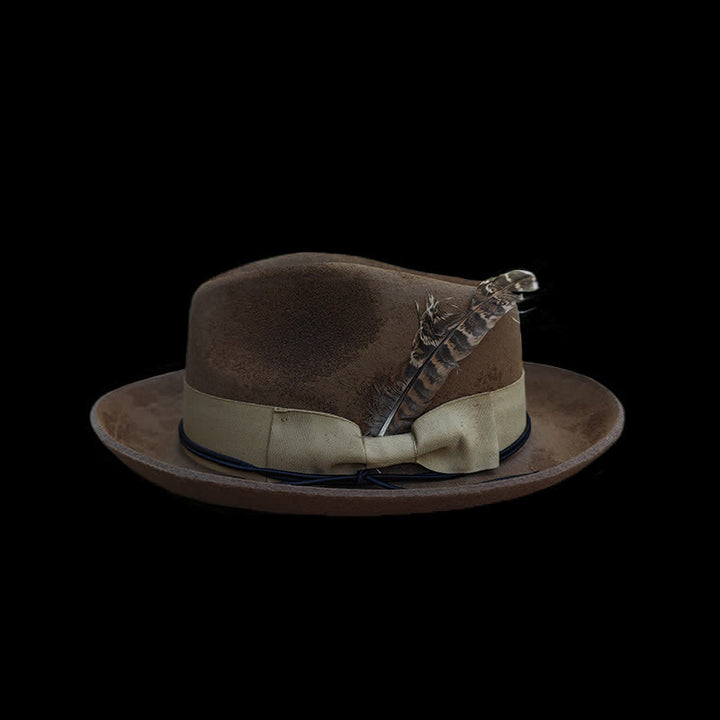 Camel Distressed Feather Decoration Felt Cowboy Hat - image 1