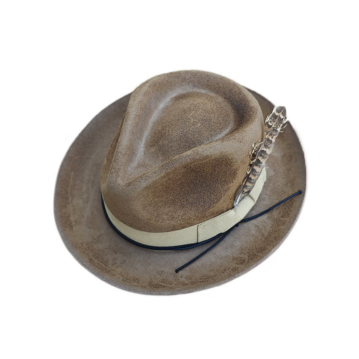 Camel Distressed Feather Decoration Felt Cowboy Hat - image 7