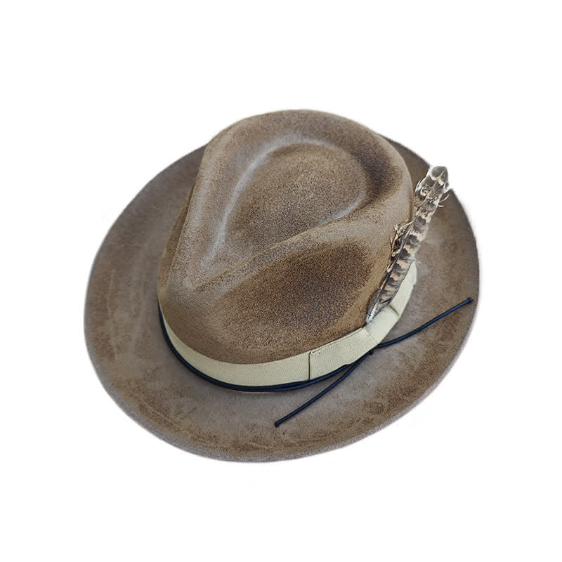 Camel Distressed Feather Decoration Felt Cowboy Hat - image 7