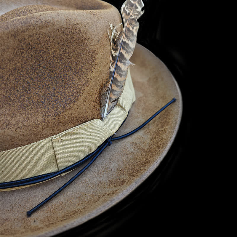 Camel Distressed Feather Decoration Felt Cowboy Hat - image 6