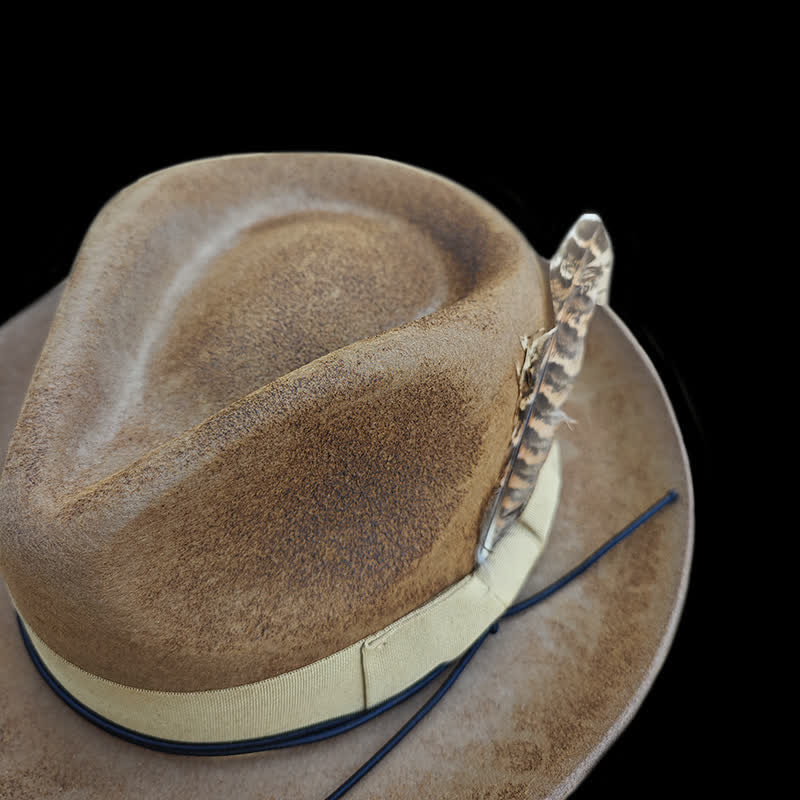 Camel Distressed Feather Decoration Felt Cowboy Hat - image 5
