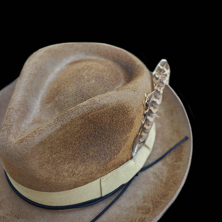 Camel Distressed Feather Decoration Felt Cowboy Hat - image 5