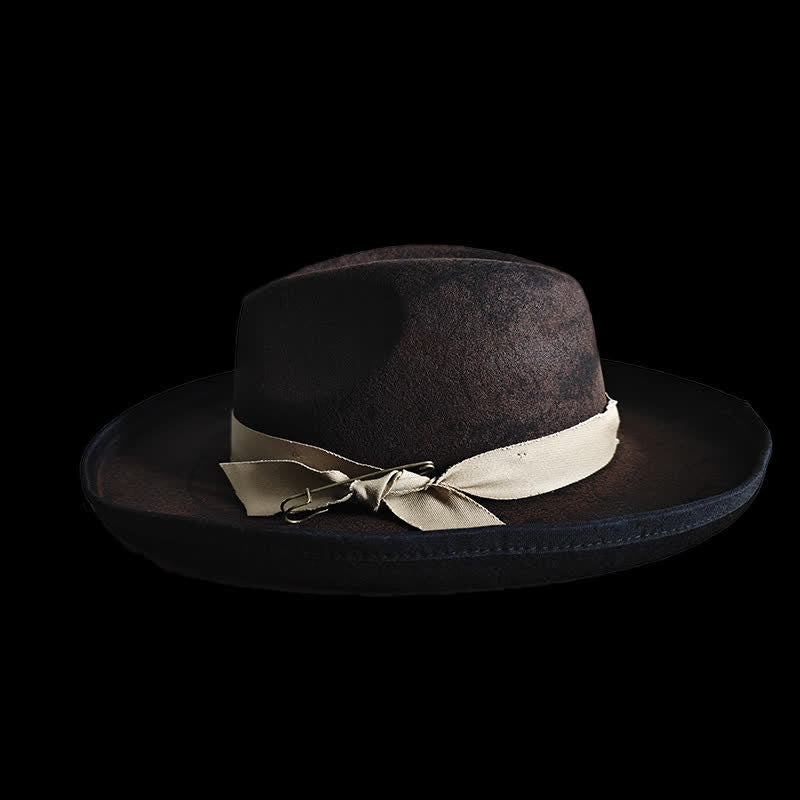 Black Wool Fedora Ribbon Knot Cowboy Hat - image 1