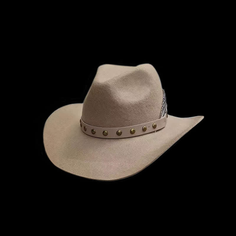Western Rivets Studded Feather Detailed Cowboy Hat - Camel - L (23 1/4"-23 5/8") - image 0