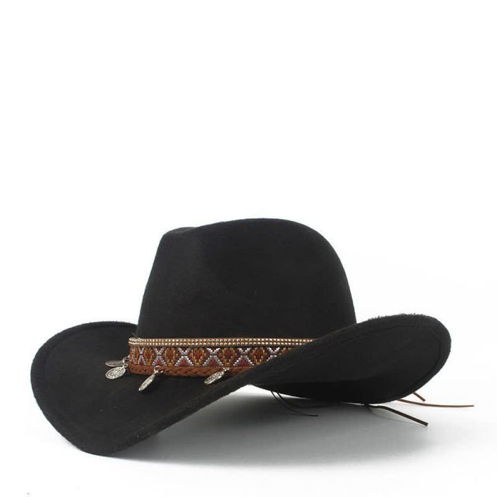 Retro Wide Brimmed Braided Rope Band Cowboy Hat - Black - M (22"-22 7/8") - image 3