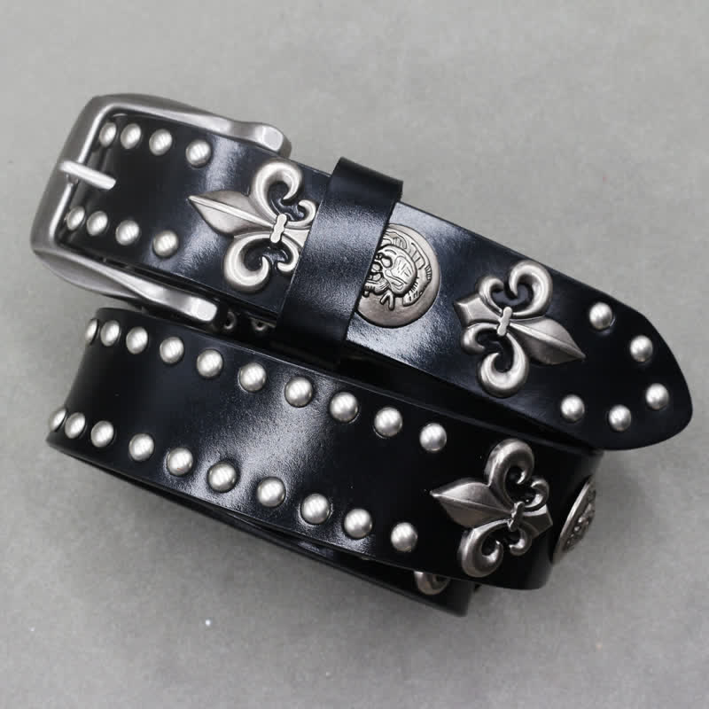 Gothic 2 Row Silver Rivets Skull Studded Leather Belt - image 1