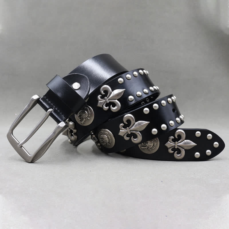 Gothic 2 Row Silver Rivets Skull Studded Leather Belt - image 1
