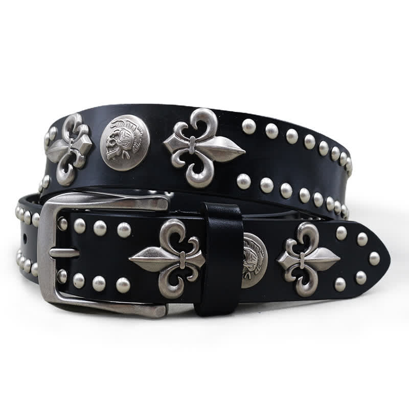 Gothic 2 Row Silver Rivets Skull Studded Leather Belt - Black - 44 - image 0