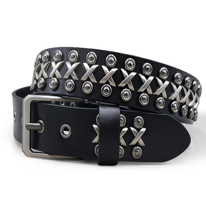 Cross & Circle 3 Row Punk Rock Studded Leather Belt - Black - 44 - image 0