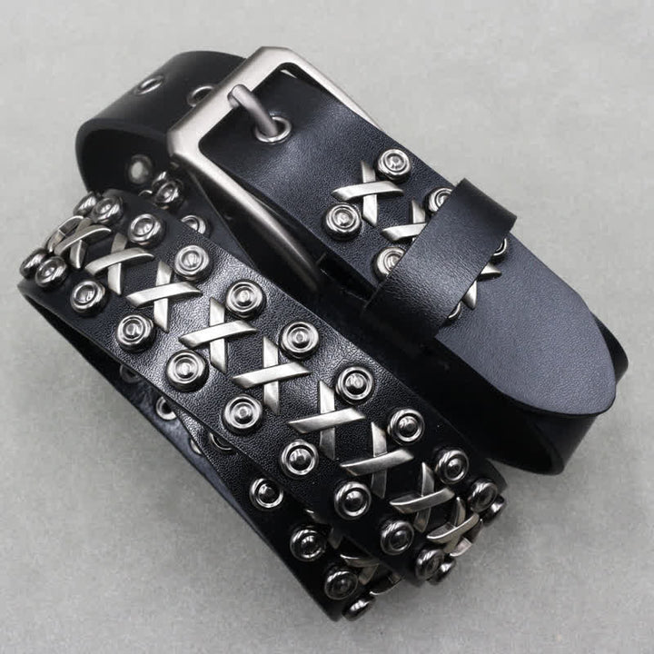 Cross & Circle 3 Row Punk Rock Studded Leather Belt - image 3