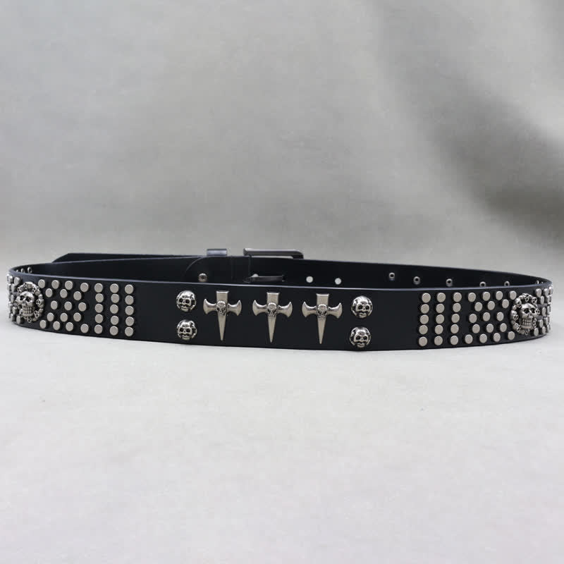 Cross & Skull 3 Row Punk Rock Studded Leather Belt - image 4