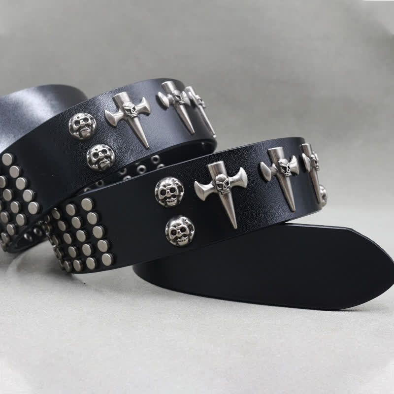 Cross & Skull 3 Row Punk Rock Studded Leather Belt - image 2