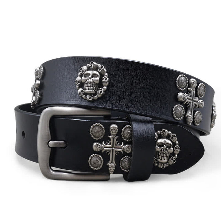 Metal Rivet Skull & Cross Pattern Studded Leather Belt - Black - 44 - image 0