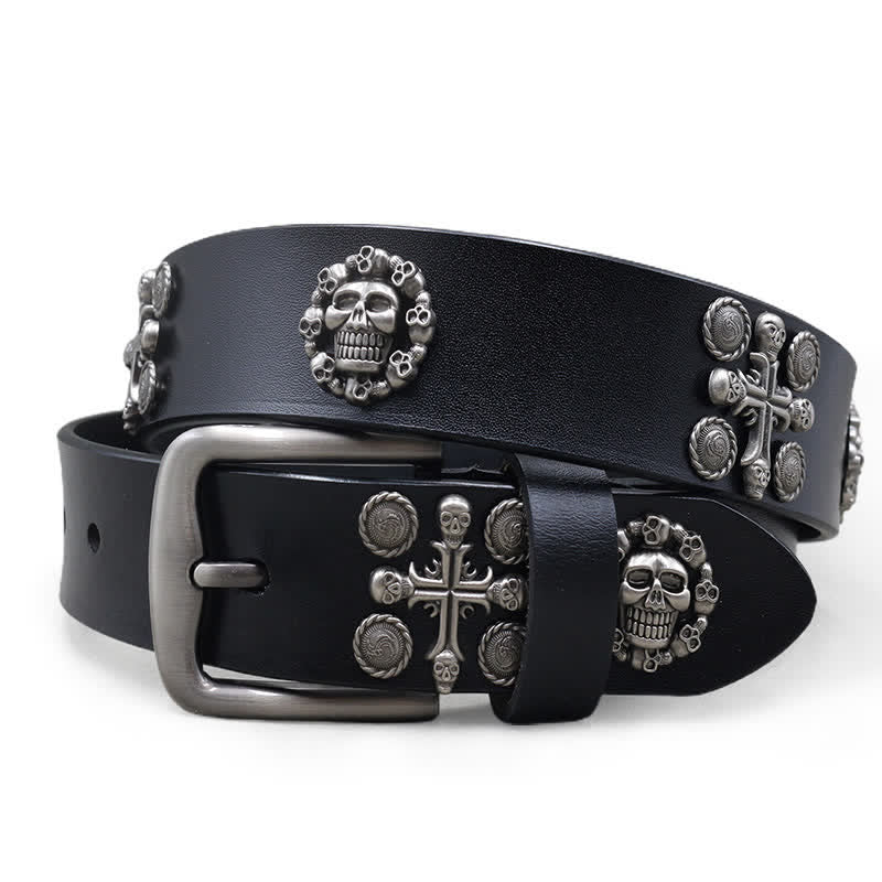 Metal Rivet Skull & Cross Pattern Studded Leather Belt - Black - 44 - image 0