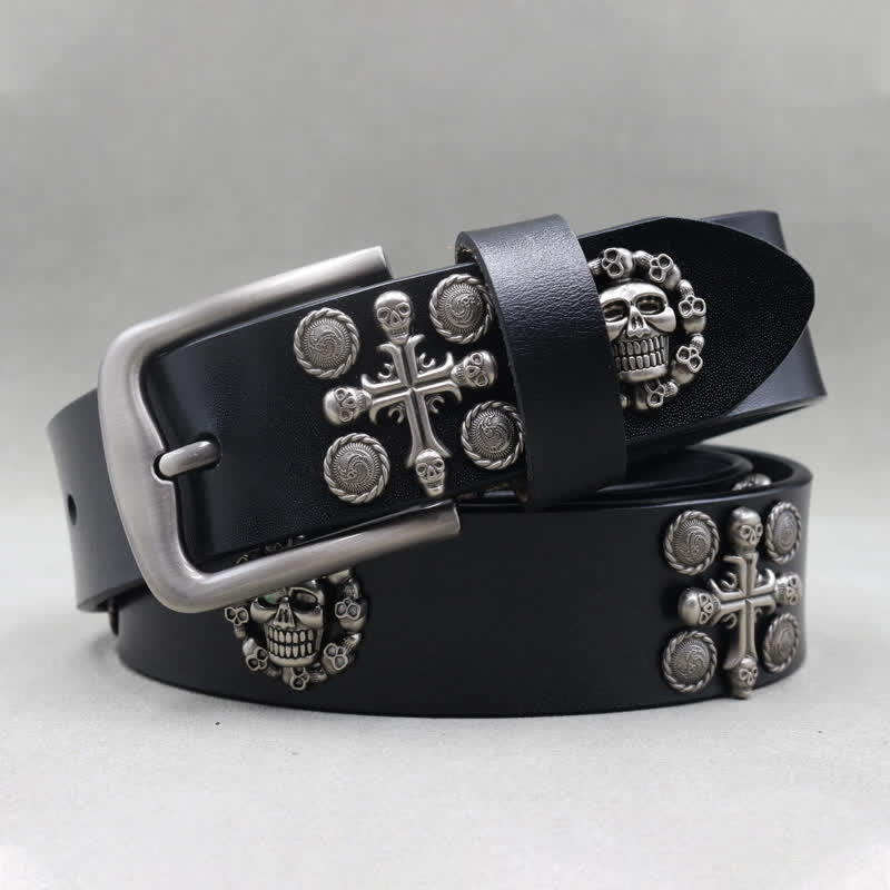 Metal Rivet Skull & Cross Pattern Studded Leather Belt - image 2