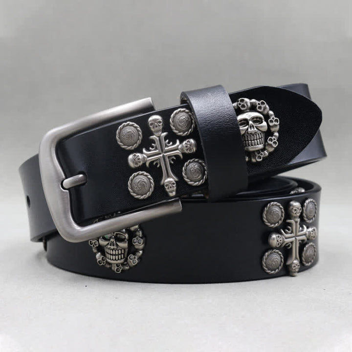 Metal Rivet Skull & Cross Pattern Studded Leather Belt - image 2