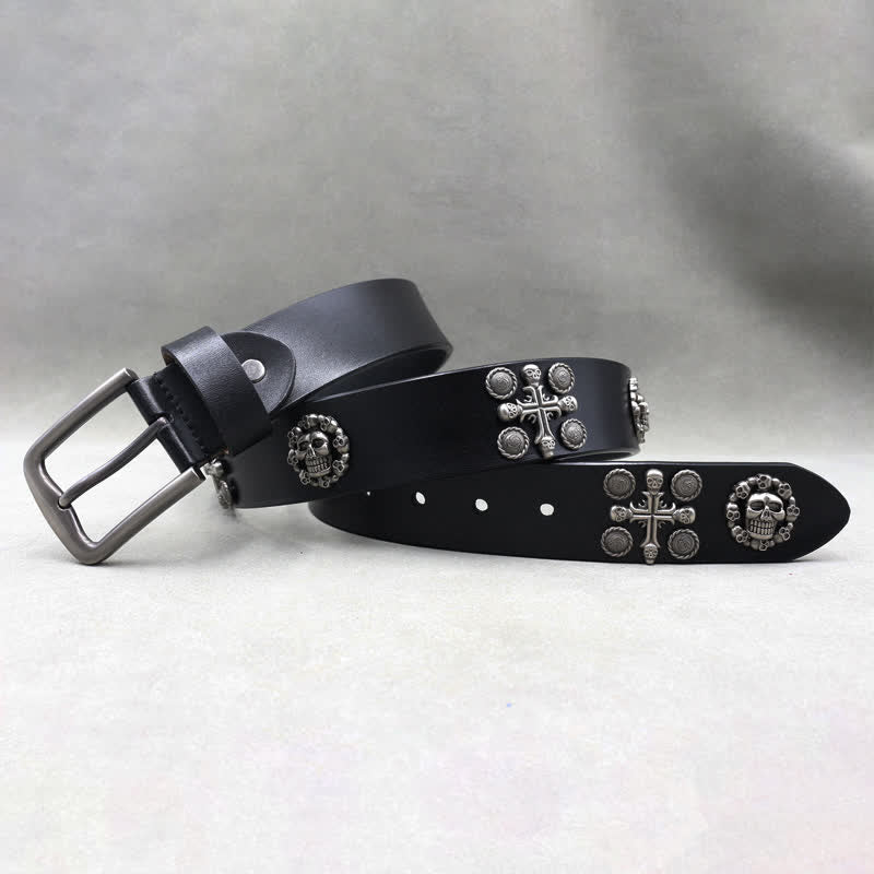 Metal Rivet Skull & Cross Pattern Studded Leather Belt - image 1