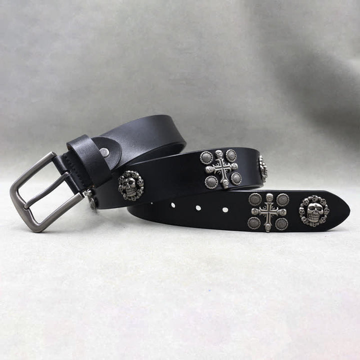 Metal Rivet Skull & Cross Pattern Studded Leather Belt - image 1