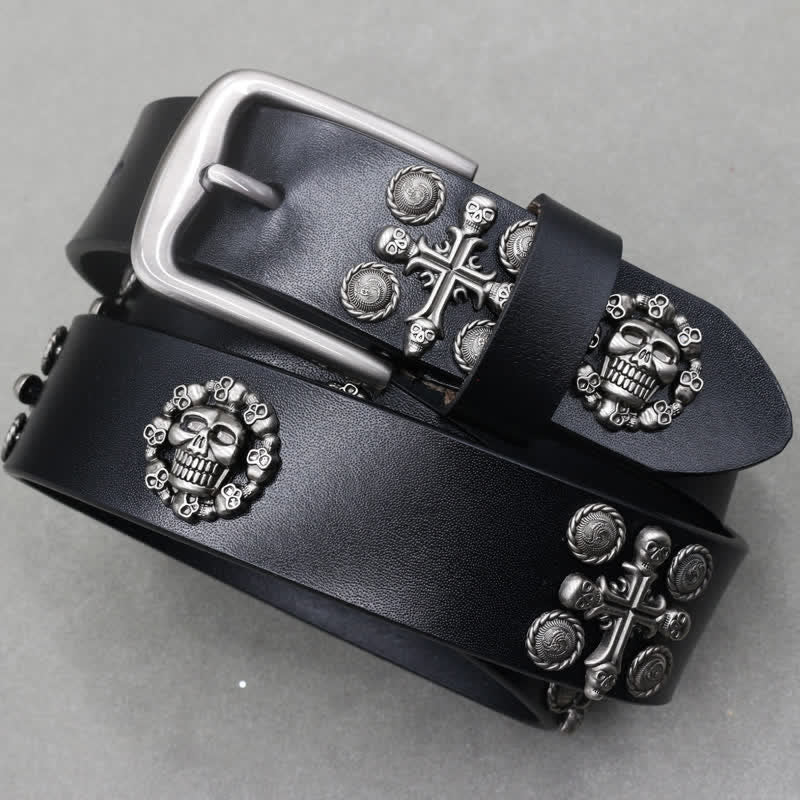 Metal Rivet Skull & Cross Pattern Studded Leather Belt - image 3