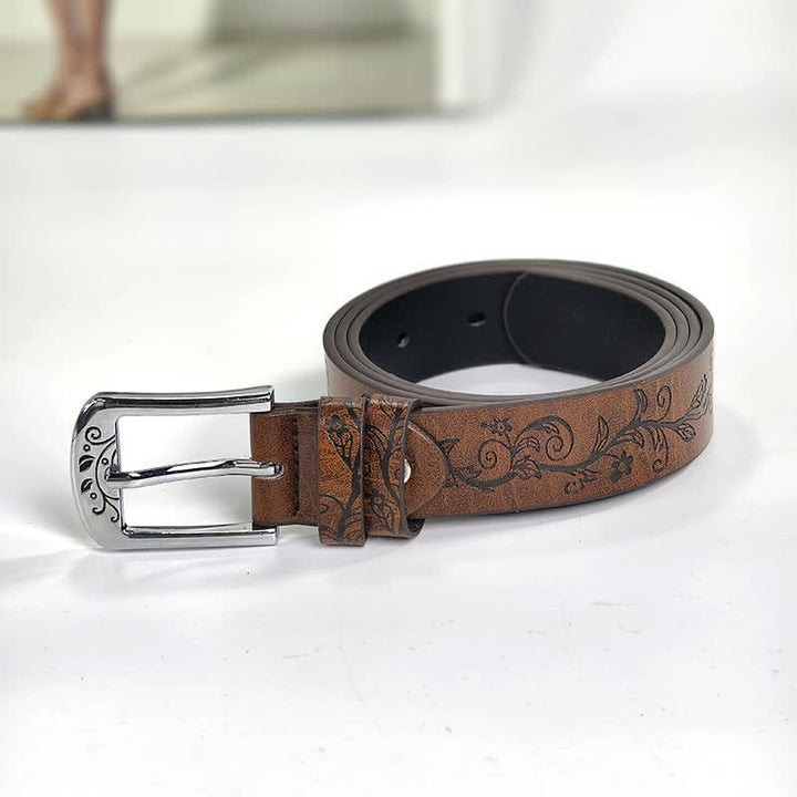 Women's Embossed Leaves Flowers Pattern Leather Belt - image 3