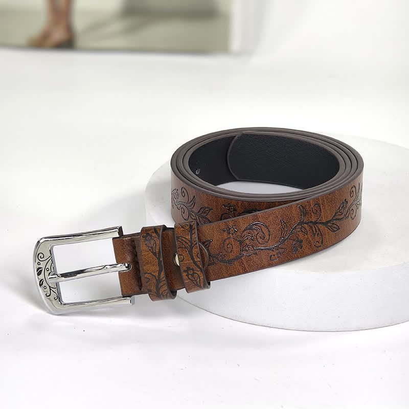 Women's Embossed Leaves Flowers Pattern Leather Belt - image 4