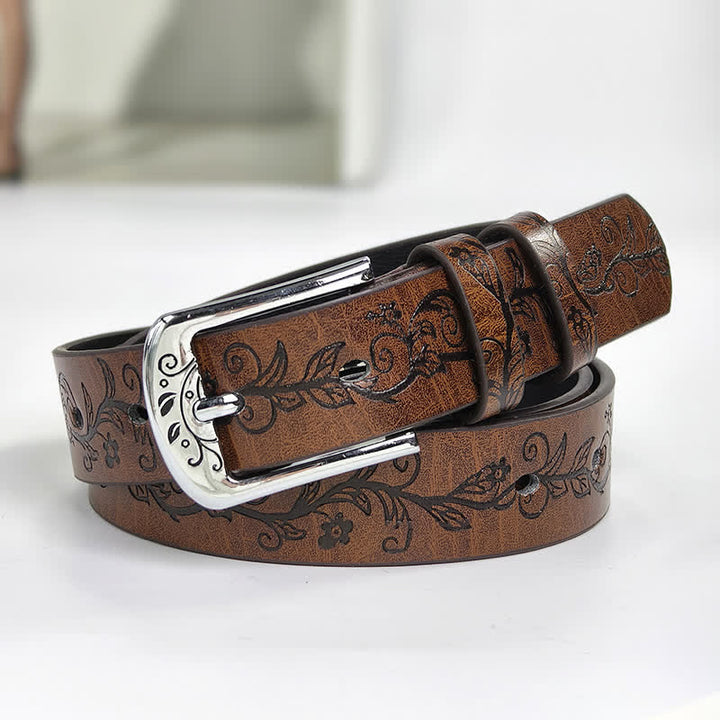Women's Embossed Leaves Flowers Pattern Leather Belt - Coffee - 34 - image 0
