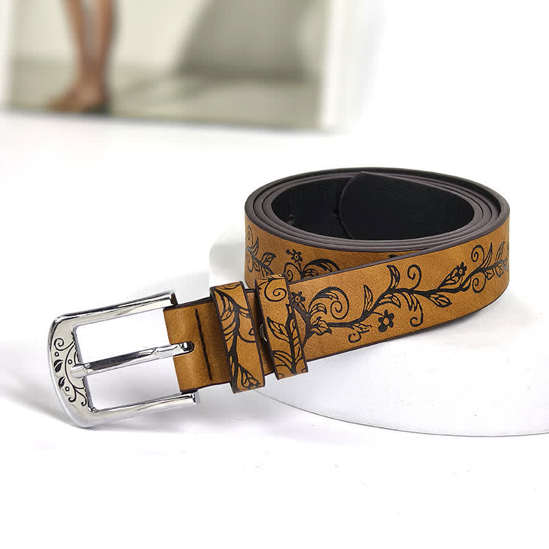 Women's Embossed Leaves Flowers Pattern Leather Belt - image 8