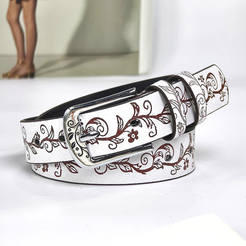 Women's Embossed Leaves Flowers Pattern Leather Belt - White - 34 - image 11