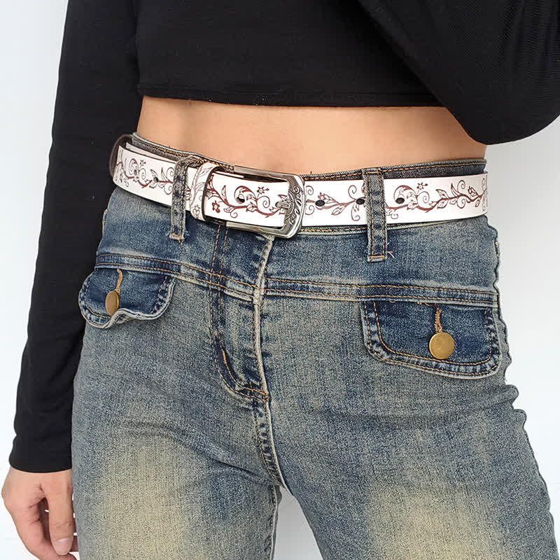 Women's Embossed Leaves Flowers Pattern Leather Belt - image 12