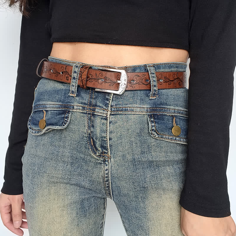Women's Embossed Leaves Flowers Pattern Leather Belt - image 1
