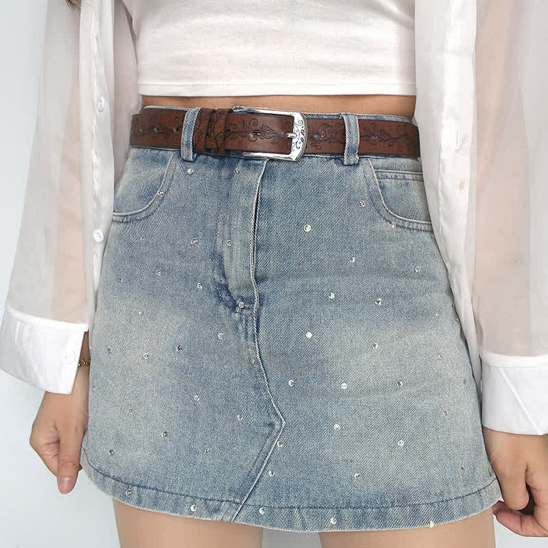 Women's Embossed Leaves Flowers Pattern Leather Belt - image 2