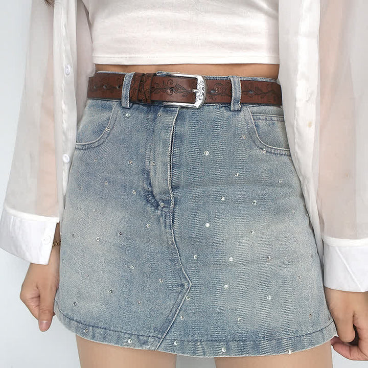 Women's Embossed Leaves Flowers Pattern Leather Belt - image 2