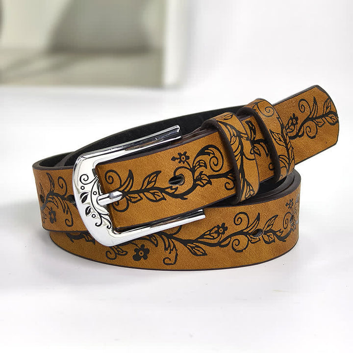 Women's Embossed Leaves Flowers Pattern Leather Belt - Brown - 34 - image 6