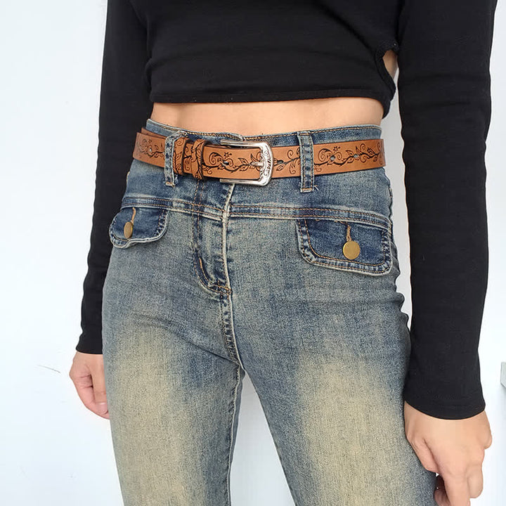 Women's Embossed Leaves Flowers Pattern Leather Belt - image 7