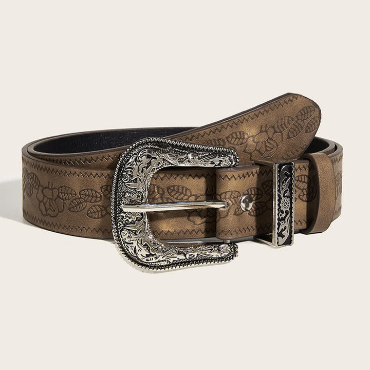 Women's Roses Leaves Embossed Pattern Leather Belt - Brown - 32 - image 0