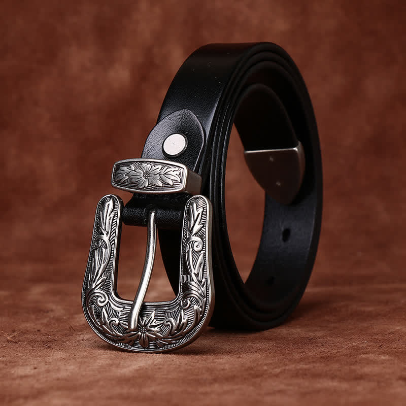 Retro Carved Buckle Western Style Narrow Leather Belt - image 7
