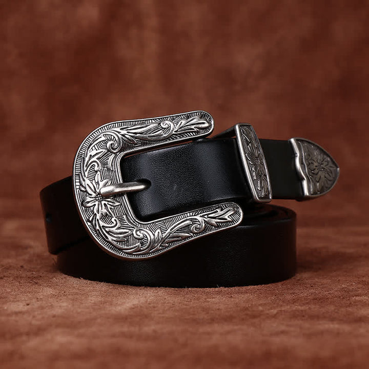 Retro Carved Buckle Western Style Narrow Leather Belt - Black - 40 - image 5