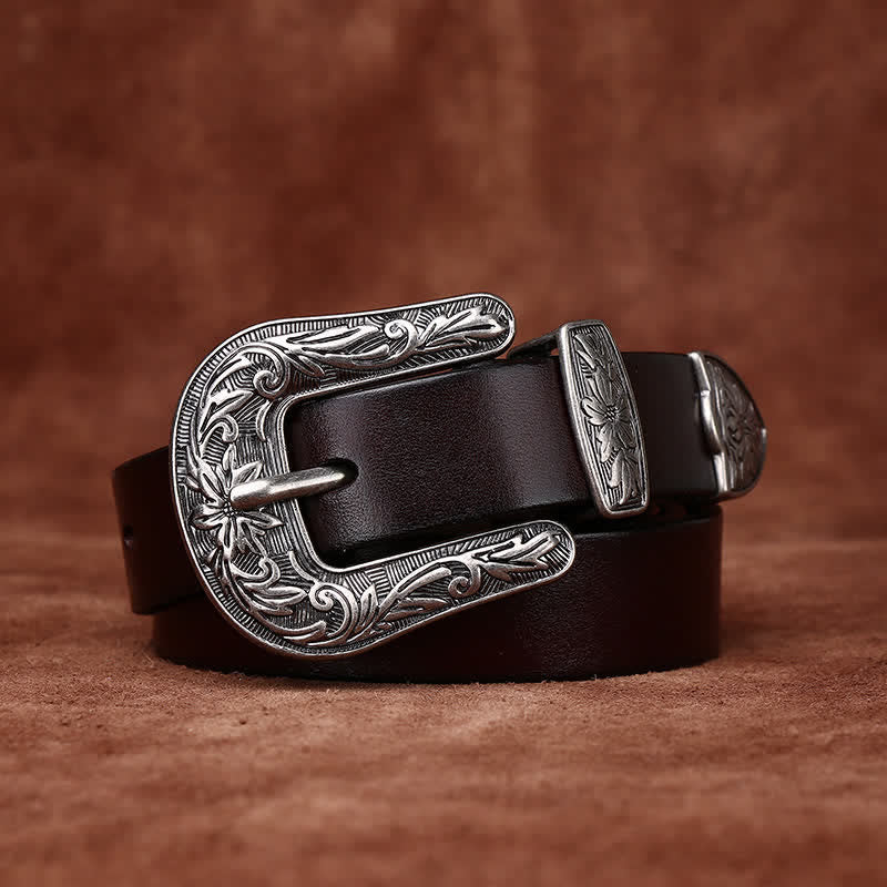 Retro Carved Buckle Western Style Narrow Leather Belt - image 2