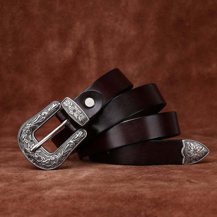 Retro Carved Buckle Western Style Narrow Leather Belt - Brown - 40 - image 0