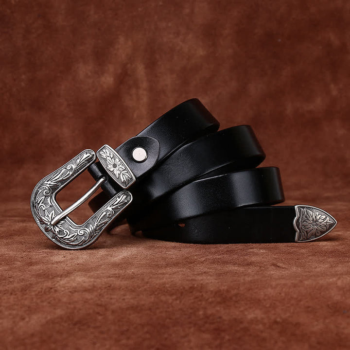 Retro Carved Buckle Western Style Narrow Leather Belt - image 6